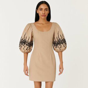 Yigal Azrouel | Tan Dress with Black Embroidered Puff Sleeves